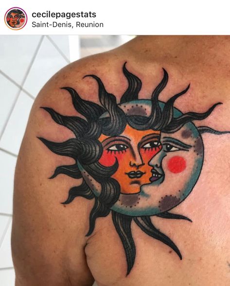 American Trad Sun Tattoo, Sun And Moon Tatoos Old School, Traditional Style Sun And Moon Tattoo, Sun Moon American Traditional, Sun And Moon Trad Tattoo, Sailor Jerry Tattoos, Sailor Jerry, Sun Tattoo, Moon Tattoo