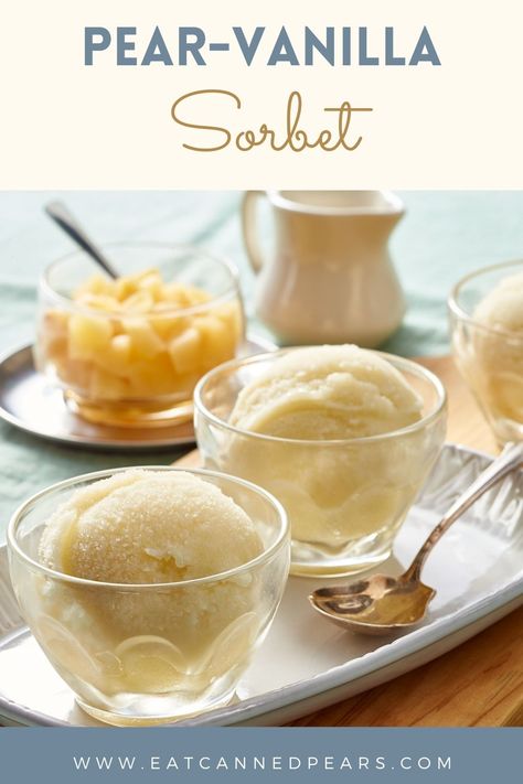 Vanilla Sorbet Recipes, Fall Sorbet Flavors, Pear Sorbet Recipe, Frozen Pear Recipes, Peach Pillows, Vanilla Sorbet, Pear Cream, Kahlua Cheesecake, Pear Ice Cream