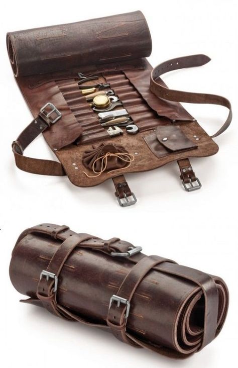 Leather Bag For Tools, Fantasy Items Products, Viking Inspired Outfit Men, Tool Bag Ideas, Dnd Tools, Survival Aesthetic, Roll Up Tool Bag, Dnd Bag, Leather Roll Bag