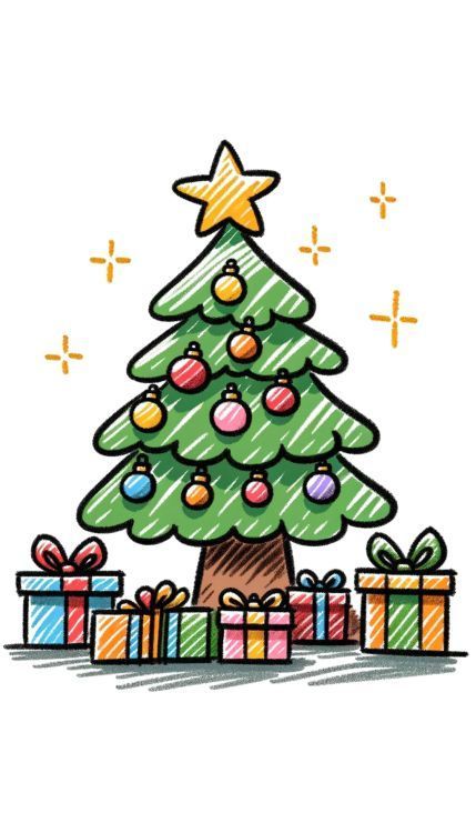 A charmingly sketched Christmas tree, brimming with festivity, adorned with colorful baubles in shades of pink, red, blue, and purple. The tree is crowned with a bright yellow star, and its boughs are lovingly detailed. Below, a collection of gift boxes wrapped in cheerful colors and diverse sizes sit, suggesting a joyful Christmas morning. Christmas Tree With Presents Drawing, Cute Xmas Tree Drawing, Christmas Tree Drawings Easy, Sketch Christmas Tree, Things To Draw Christmas Themed, Holiday Drawings Easy, X Mas Tree Drawing, Christmas Tree Cartoon Drawing, Christmas Themed Drawings