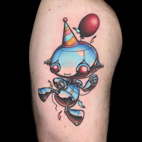 Birthday Robot Tattoo by Laura Marie Voodoo Doll Tattoo, Ink Master Tattoos, Robot Tattoo, Doll Tattoo, Traditional Tattoo Art, New School Tattoo, Ink Master, Badass Tattoos, Tattoo Art Drawings