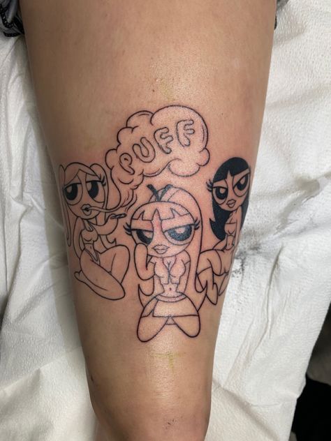 Animated Tattoos For Women, Kaws Tattoo Ideas For Women, Proud Family Tattoo, Brats Doll Tattoos, Shego Tattoo, Cute Cartoon Tattoos For Women, Tattoo Ideas Cartoon Characters, Matching Unique Tattoos, Bratz Tattoo Idea