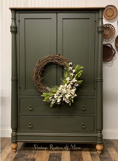 Color Recipe for this piece is Dixie Belle Collard Greens /Mud Puddle 4-1 ratio Moss Green Painted Furniture, Dark Green Armoire, Green Vintage Dresser, Fort Bedroom, Green Chalk Paint Furniture, Green Antique Dresser, Vintage Green Paint, Green Armoire, Dixie Belle Chalk Paint Furniture