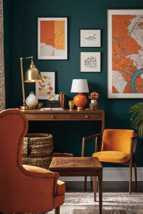 home decor interior design, interior bedroom design, kitchen designs, living room interior Orange Office Design, Spare Room Decor, Colourful Office, Productive Workspace, Orange Office, Showroom Ideas, Yellow Office, Sleek Furniture, Office Colors