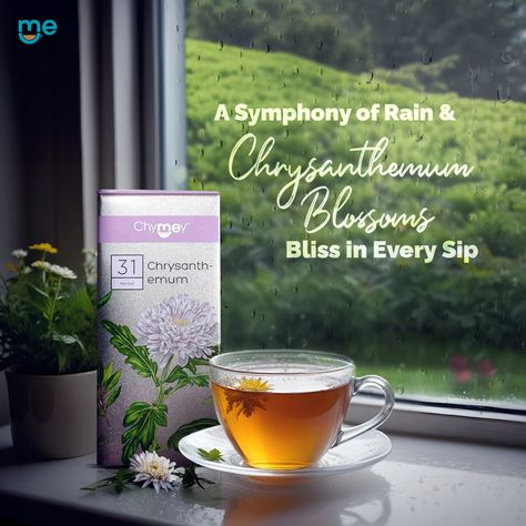 Chrysanthemum Tea – Your Companion for Serene Monsoon Evenings. Experience the Floral Symphony and Health Benefits in Every Sip. Visit our website to shop today! - Link in Bio #Chymey #ChymeyTeas #TeaThatDefinesMe #TeaLover #TeaTime #ChamomileTea #Monsoon #Rain #ChamomileParadise Tea Ads, 2024 Creative, Chrysanthemum Tea, Monsoon Rain, Social Media Advertising Design, Chamomile Tea, Chrysanthemum, Tea Lover, Creative Ideas