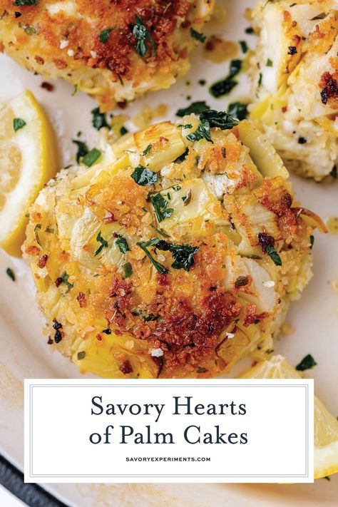 Heart Of Palm Crab Cakes, Hearts Of Palm Appetizers, Heart Palm Recipe, Hearts Of Palm Recipes Vegan Fish, Keto Hearts Of Palm Recipes, Palm Hearts Recipes, Heart Of Palms Recipes, Canned Hearts Of Palm Recipes, Canned Artichoke Heart Recipes