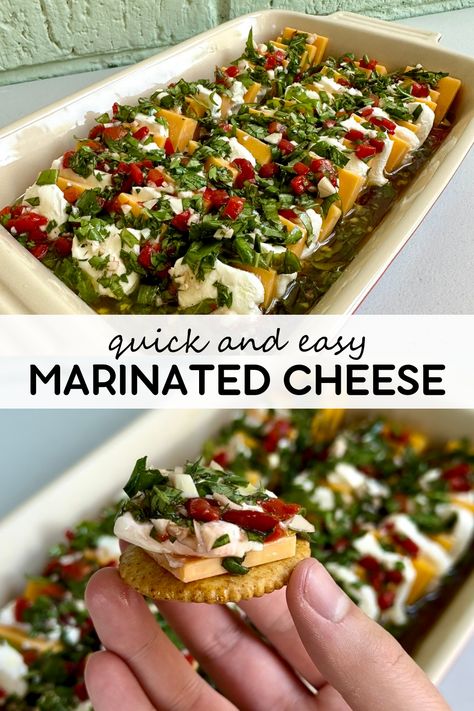 This simple marinated cheese appetizer is made with cheddar cheese, cream cheese, and marinated in an herby vinaigrette. Delicious served alongside crackers or pita chips! 12 Tomatoes Marinated Cheese Plate, Marinated Cream Cheese, Cheese Gal Recipes, Cheese Dishes Appetizers, Cheese And Cracker Appetizers, Marinated Cheddar Cheese, Marinated Cheese Recipe, Marinated Cheese Plate, Cracker Toppings Ideas