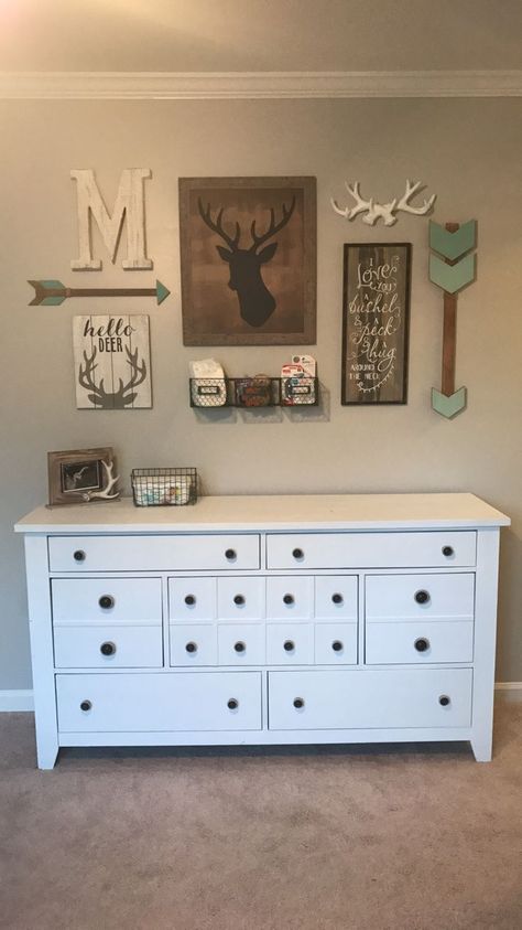 Nursery Hunting Theme, Farmhouse Nursery Boy, Deer Baby Nursery, Farmhouse Nursery Ideas, Deer Themed Nursery, Wall Styling, Hunting Nursery, Deer Theme, Deer Nursery