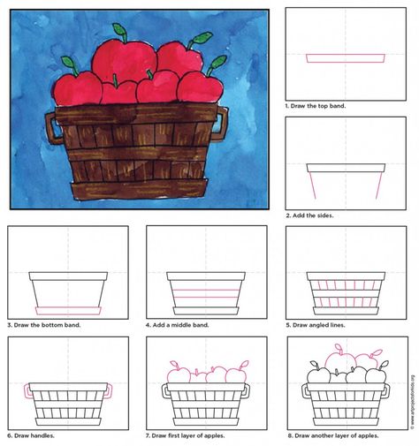 2nd / 3rd / 4th: line drawing + watercolor bushel of apples. add crayon textural lines and highlights before painting. use variety of w/c techniques for more interest Basket Of Apples Drawing, How To Draw A Basket, Art 2nd Grade, Apple Art Projects, Bushel Of Apples, Apples Art, Whiteboard Ideas, Drawing Apple, Weekly Themes