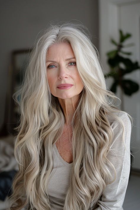 Long Gray Hairstyles For Women Over 50, Blond To Grey Hair, Chic Long Hairstyles, Long Hair Styles For Older Women Over 60, Bangs Ideas For Long Hair, Long Grey Hair Over 50, Blonde Older Women, Grey Hair Ideas, Long Gray Hair Over 50