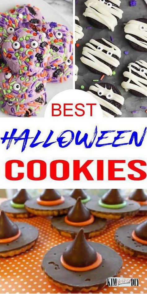 7 Halloween Cookie recipes you will go crazy for. Decorated Halloween cookies for snacks, desserts or party food. Creepy, spooky & fun cookie ideas for Halloween food. Check out the best Halloween cookies today #2 is our favorite Halloween Cookies Easy, Decorated Cookie Ideas, Decorated Halloween Cookies, Halloween Witch Cookies, Halloween Cookie Ideas, Easy Halloween Cookies Recipes, Fun Halloween Desserts, Easy Halloween Cookies, Halloween Deserts