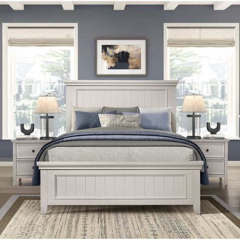 Classic White Finish 3pc Bedroom Set Bed and Two Nightstands - Bed Bath & Beyond - 40544739 White Furniture Bedroom Ideas Decorating, White Bed Set Ideas Bedrooms, White Bedroom Set Decor Ideas, Bedroom Two Beds, Bedroom Wooden Bed, White Sleigh Bed, Coastal Bed, Coastal Room Decor, White Wooden Bed