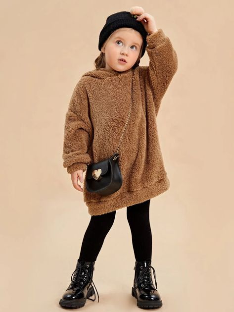 SHEIN Toddler Girls Drop Shoulder Teddy Hoodie Dress Without Bag | SHEIN USA Winter Kids Outfits, Girls Winter Outfits Kids, Girls Winter Outfits, Girls Winter Fashion, Teddy Hoodie, Girls Winter Dresses, Kids Winter Outfits, Shein Kids, Toddler Party Dress