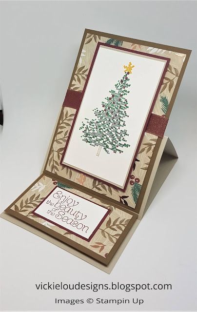 Vickie Lou Designs: Cross Stitch Christmas Easel Card. Number 52 of #100things Fun Fold Christmas Cards, Up Cross Stitch, Folded Christmas Cards, Cross Stitch Christmas Cards, Stamped Christmas Cards, Winter Woods, Stampin Up Card Ideas, Stampin Up Christmas Cards, Fun Folds