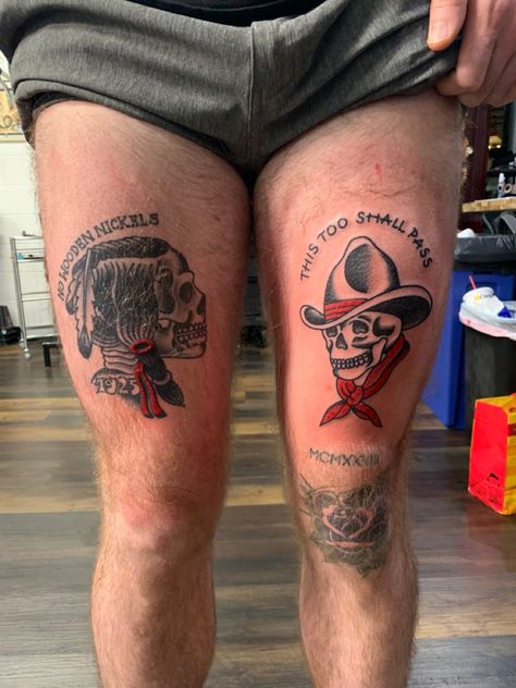 Southwestern Traditional Tattoo, Traditional Thigh Tattoos Men, American Traditional Leg Sleeve Men, Cowboy Indian Tattoo, American Traditional Tattoos Cowboy, Cowboys And Indians Tattoo, Traditional Leg Tattoo Men, Traditional Tattoo Native American, Cowboy Traditional Tattoo