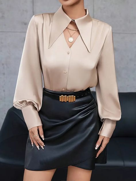 Elegant Satin Solid Color Long Sleeve Shirt Large Lapel - Temu Long Collar Shirt For Women, Fabric Tops For Women, Collar Shirt Outfits, Collar Tops For Women, Collar Shirts For Women, Collared Shirt Women, Long Collar Shirt, Long Sleeve Shirts Women, Shirt Collar Blouse