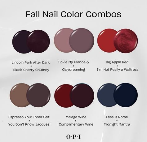 Fall Mani Pedi Colors, Natural Nail Fall Colors, Opi Fall Nails 2024, Fall Nails Two Colors, Shades Of Maroon Nails, Fall Nail Pairings, Fall Nails Opi Gel 2024, Opi Sns Powder Colors Fall, Fall Nail Combinations