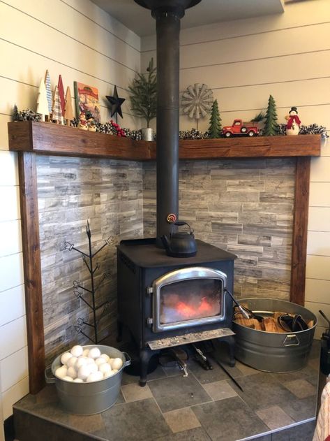 Wood Stove Decor, Wood Burning Stove Corner, Corner Wood Stove, Wood Stove Surround, Stove Hearth, Kitchen Mantle, Corner Stove, Stove Decor, Wood Stove Hearth