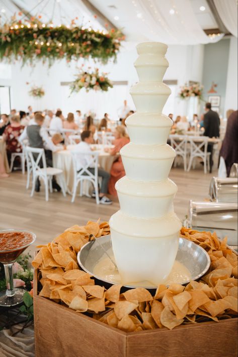 Queso Fountain Taco Bar, Food Wedding Decor, Wedding Cheese Fountain, Outdoor Reception Set Up, Wedding Reception At A Bar, Mexican Food Catering Wedding Reception, Cheese Fountain Wedding, Queso Dip Fountain Wedding, Cheese Dip Fountain Wedding