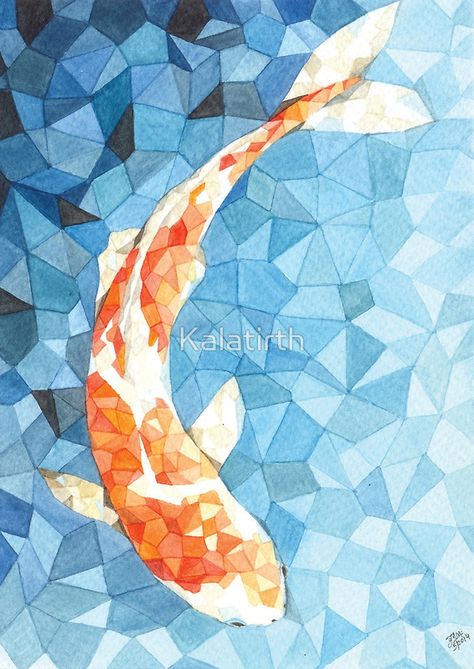 Mosiac Art Koi, Koi Mosaic Pattern, Geometric Mosaic Art, Geometric Fish Drawing, Watercolor Mosaic Painting, Geometric Koi Fish, Mosaic Art Patterns, Koi Mosaic, Geometric Art Painting