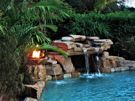 Pool Landscaping Backyard, Pool Grotto, Grotto Pool, Inground Pool Ideas, Swimming Pool Waterfall, Pools For Small Yards, Dream Backyard Pool, Water And Fire, Landscaping Backyard