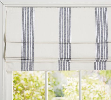 Riviera Striped Linen/Cotton Cordless Roman Shade, 44 x 64", Navy | Pottery Barn Farmhouse Roman Shades, Kitchen Roman Shades, Roman Shades Kitchen, Windows Treatments, Cordless Roller Shade, Cordless Roman Shades, Driven By Decor, Blackout Shades, Window Casing