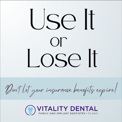 Use it or lose it! Did you know that the majority of patients have dental insurance dollars to use but leave them on the table? Most dental benefits "reset" or "expire" at the start of a new year. If you have any questions about your dental insurance or remaining benefits, give us a call at 972-964-3800. Dental Benefits End Of Year, Implant Dentistry, Insurance Benefits, Family Dental, Dental Insurance, End Of Year, The Start, Knowing You, The Help