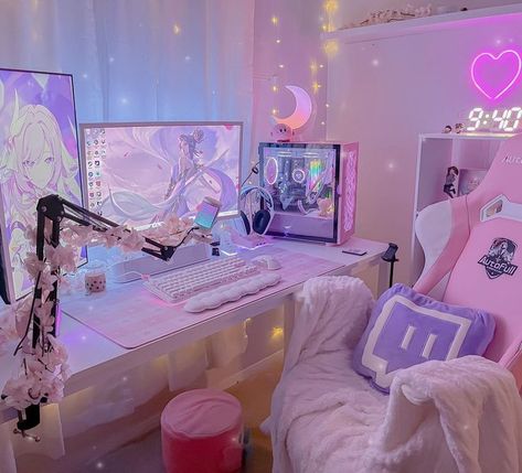 Lavender Desk Setup, Girly Gaming Room, Streamer Room, Cute Gaming Setup, Pink Gaming Setup, Games Room Inspiration, Dream Setup, Gaming Desk Setup, Game Setup