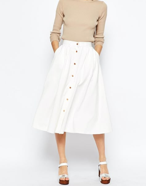 Street Skirt, Button Midi Skirt, White Midi Skirt, White Midi, White Skirt, Jeans Rock, Midi Skirts, Style Chic, White Skirts