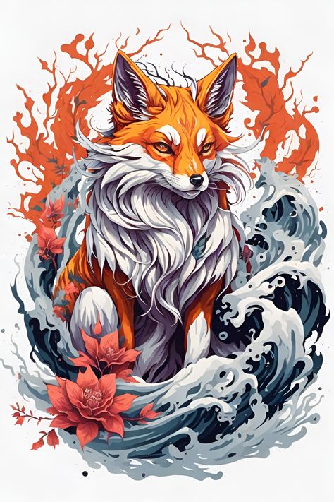 kitsune tattoo design, kitsune, neo traditional tattoo style, 2D, planar vector, character design, T-shirt design, colorful splashes japanes.. Tattoo Fox Design, Kitsune Fox Art, Kitsune Tattoo Design, Fox Icon, 9 Tailed Fox, Jumping Fox, Digital Art Software, Japanese Fox, Fox Artwork