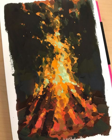 Painting Flames Fire Acrylic, Acrylic Fire Painting, How To Paint Flames, Fire Gouache, Fire Painting Acrylic, How To Paint Fire, Fire Art Painting, Fire Study, Fire Watercolor