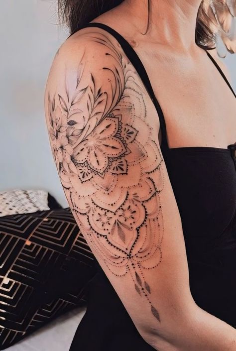 Mandala Tattoo Sleeve Women, Cyberciligism Tattoo, Mandala Arm Tattoos, Lace Sleeve Tattoos, Feminine Shoulder Tattoos, Mandela Tattoo, Women's Shoulder Tattoo, Shoulder Cap Tattoo, Floral Mandala Tattoo