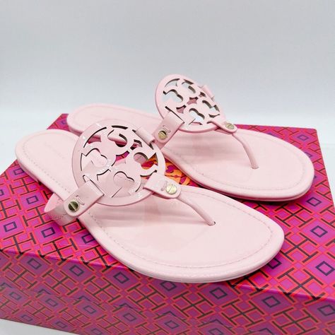 Tory Burch Miller Sandal Flat Flip Flop Clay Pink Patent Leather Us 10 M Condition: New With Box, Was Floor Sample, May Have Very Minor Marks On The Bottom Of The Shoes, Showing In The Last Pic Rare Color, One Of The Most Popular Color Pink Tory Burch Sandals, Tory Burch Jelly Sandals, Miller Sandal, Pink Patent Leather, Trendy Sandals, Tory Burch Sandals, Leather Slide Sandals, Birthday List, Tory Burch Miller