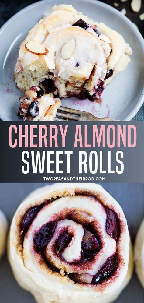 Cherry Almond Sweet Rolls-soft and tender sweet rolls filled with tart cherries, almond paste, cinnamon, sugar, and finished with a sweet almond glaze and sliced almonds. These sweet rolls are a real breakfast treat! Cherry Sweet Rolls, Cherry Cinnamon Rolls, Almond Paste Recipes, Almond Glaze, Sweet Roll Recipe, Tart Cherries, Breakfast Rolls, Cherry Desserts, Almond Paste