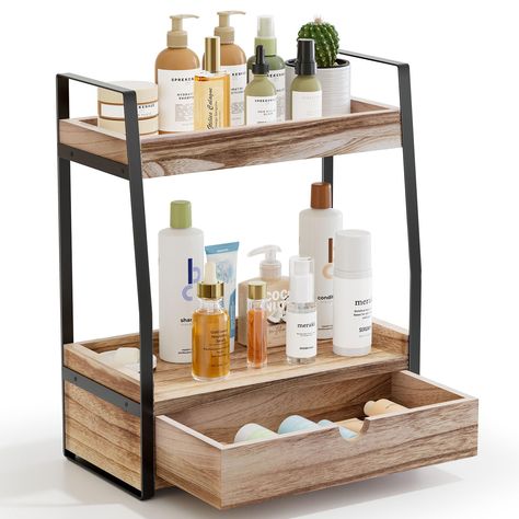 PRICES MAY VARY. 【2-Tier Bathroom Counter Organizer with Drawers】Our countertop bathroom organizer features a unique trapezoidal and drawer design, 2 spacious storage levels, bathroom countertop storage added drawers for your more intimate items, perfect for your everyday needs. 【Perfect Size】Our bathroom counter storage measures 13.1 inches (L) x 6.8 inches (W) x 15.7 inches (H), which provides plenty of space for all your belongings. Small but large capacity, help you save valuable space in yo Bathroom Decor Budget, Bathroom Storage No Drawers, Minimalist Bathroom Accessories, Master Bath Counter Organization, Decorating Apartment Bathroom, Bathroom Sink Counter Organization, Bathroom Accessories Inspiration, Double Sink Bathroom Decor, Countertop Over Toilet