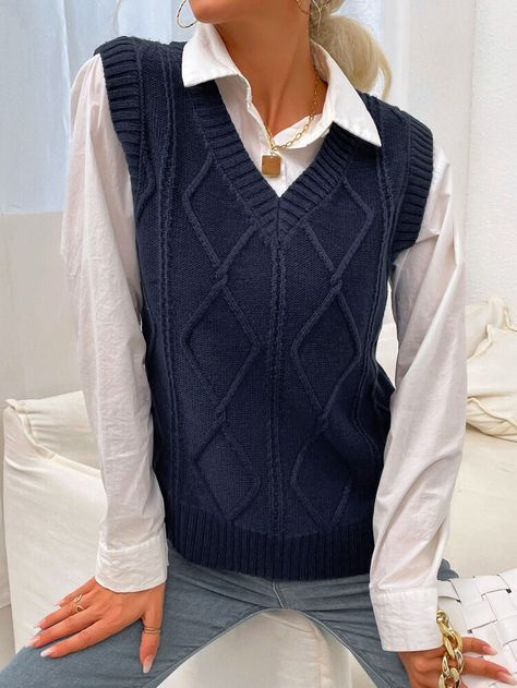 Navy Blue Sweater Vest Outfit, Knit Vest Outfits For Women, Argyle Sweater Outfit, Knitted Vest Outfit, Navy Blue Sweater Vest, Vest Outfit Women, Knit Vest Outfit, Plaid Sweater Vest, Navy Blue Outfit