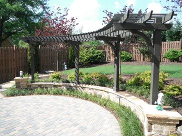 Arbor Designs | Arbor Landscape Design Ideas, Pictures, Remodel, and Decor Curved Pergola Ideas, Arbor Over Fountain, Front Walkway Arbor, Arbor Planting Ideas, Arbors With Swings, Landscape Arbor, Curved Arbor, Curved Trellis, Arbor Ideas