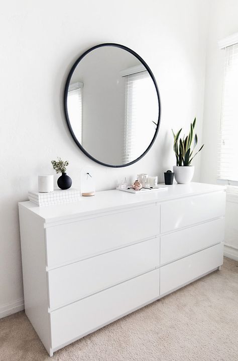 white dresser White Dresser Without Mirror, White Drawer Decor, Dresser Corner Bedroom, Ikea Dresser With Mirror, Drawer Room Decor, Dresser With Circle Mirror Above, White Drawers Dresser, Circle Mirror Over Dresser, Bedroom Mirrors Above Dressers