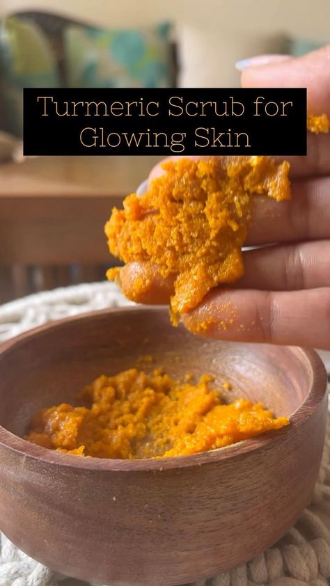 Turmeric scrub for glowing skin 💛 in 2022 | Homemade skin care recipes, Turmeric scrub, Natural skin care diy Skin Lightening Scrub Diy, Turmeric Body Scrub Recipe, Face Ubtan Homemade, Turmeric Sugar Scrub Recipe, Turmeric Exfoliating Scrub, Skin Discoloration Remedies Diy, Tumeric Oil Recipes For Skin, Tumeric Face Scrub Homemade, Home Made Scrubs Face Exfoliate