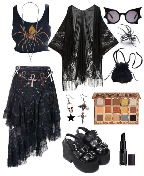 Goth Fairy Aesthetic Outfit, Bohemian Goth Aesthetic, Emo Boho Outfit, Hippy Goth Aesthetic, Gnc Outfits, Goth Cruise Outfits, Goth Fits Summer, Whimsy Goth Outfit Ideas, Goth Outfit Ideas Summer