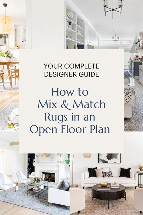 Whether you have a cool industrial loft space, a studio apartment, or a modern home with a quasi-open floor plan, these free-flowing layouts all pose the same design dilemma when it comes to selecting rugs. How does one mix and match different rug styles without creating visual chaos?! See what tips our designers had to share on the topic of mixing & matching rugs. Area Rugs For Open Floor Plan Layout, Where To Place Rugs In Home, Two Rugs Living Room, Living Room Two Rugs, Zoning Open Plan Living Rooms, 2 Different Area Rugs In One Room, Where To Place A Rug In Living Room, 3 Rugs In One Room, Rugs Open Plan