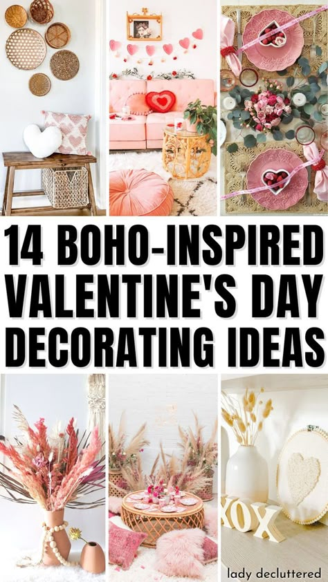 14 Boho-Inspired Valentine's Day Decorating Ideas Valentine Boho Decor, High End Valentines Decor, Mid Century Modern Valentines Decor, Diy Valentine Home Decor Ideas, Muted Valentines Decor, Tasteful Valentine Decor, Valentine Mantle Decorating Ideas, Valentines Decor Living Room, Whimsical Valentines Decor