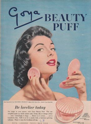 Goya Beauty Puff Vintage Ad 1950s Beauty, Zine Ideas, Vintage Makeup Ads, History Bounding, Fall Board, Trend Board, Beauty Advertising, Makeup Ads, Retro Beauty