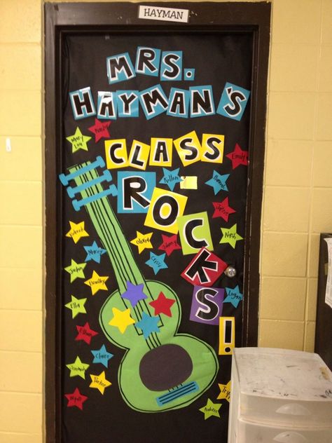 Rockstar themed door Pinning so I can remember what I did for next year!! Music Themed Classroom, Music Theme Classroom Ideas, 90s Theme Classroom Door, Rockstar Door Decoration, Rock And Roll Door Decorations, Rock And Roll School Hallway, Rockstar Theme Classroom, Rock And Roll Theme Classroom Bulletin Boards, Rock Star Classroom Transformation