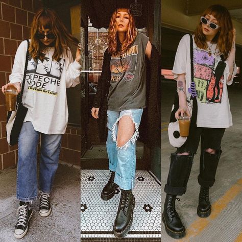 ᑎIᑕOᒪE ᗩᒪYᔕE🙃 on Instagram: “Baggy tees and baggy jeans 🦋 Which look is your fav?” Baggy Band Tee Outfit, Baggy Graphic Tee Outfit, Band T Outfit, Band Tees Outfits Grunge, Band Tee Outfits Grunge, Baggy Tee Outfit, Rock Tees Outfit, Oversized Band Tee Outfits, Style Band Tees