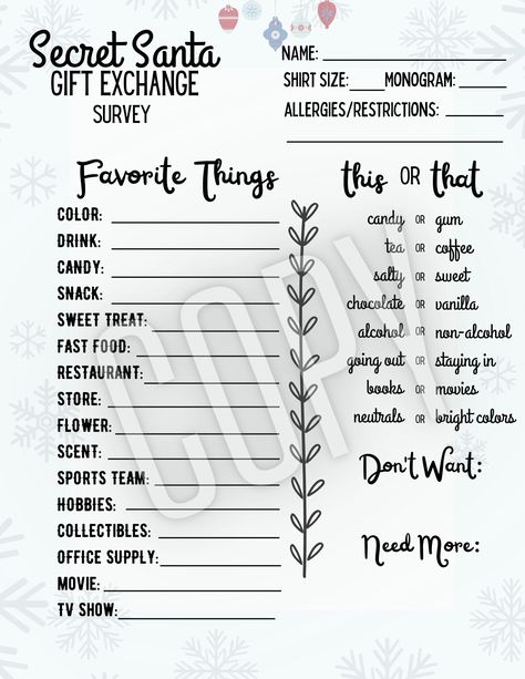 Christmas Secret Santa Gift Exchange Survey ♥ Download INSTANTLY after your purchase, save, and PRINT! No links to online editors and NO EXPIRING DATE! Print as many as you need.  Please take note that this game cannot be edited Gift Exchange Paper, Gift Exchange Questions, Secret Santa Rules, Secret Santa Questions, Secret Santa Form, Secret Santa List, Work Secret Santa, Secret Santa Questionnaire, Secret Santa Christmas Gifts