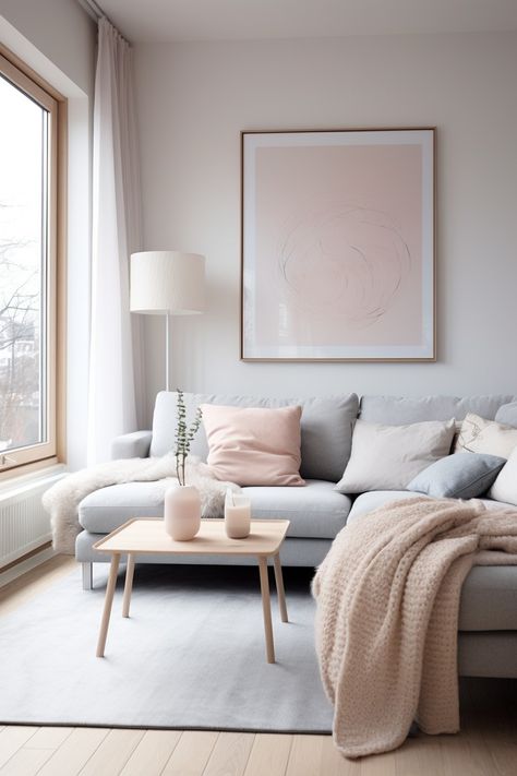 Light Grey And Pink Living Room, Living Room Pastel Aesthetic, Pale Pink Sofa Living Room, Pink Gray Beige Living Room, Subtle Pink Living Room, Pastel Color Living Room, Light Gray Sofa Pillows Ideas, Living Room Light Grey Walls, Pastel Pink Living Room