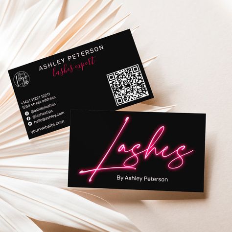 Modern glam pink neon lashes script logo qr code business card Lashes Technician, White Leather Texture, Neon Lashes, Lash Business Cards, Texture Business Card, Pink Business Cards, Moody Purple, Botanical Rose, Makeup Business Cards