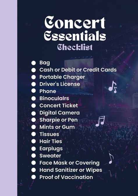 Essential Checklist Concert Planner Canva Template Coldplay, Concert Needs List, Musical Checklist, Music Festival Checklist, Concert Essentials Packing Lists, Eras Tour Bag Essentials, Concert Tips Survival Guide, What To Bring To A Concert List, Eras Tour Surprise Songs Tracker