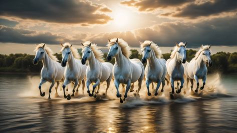 Seven, 7, white horses, running horses, horses, landscape, painting, sun, water, trees, clouds, buy, sell Running Horses Hd Wallpaper, 7 Running Horses With Sunrise, 7 White Horses Running Wallpaper Hd, Horse Images Beautiful, 7 Horse Running Wallpaper, 7horses Wallpaper Hd, Running White Horse Wallpaper, Seven Horses Painting Hd, 7 Horses Wallpaper